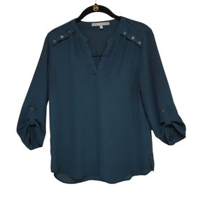 Sweet Rain long rolltab sleeve blouse v-neck Size Small semi sheer
